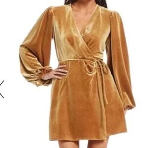 Gianni Bini mustard yellow true wrap Velvet Long Sleeve Dress